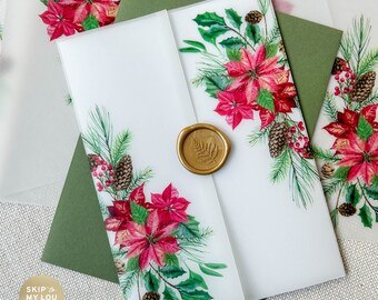 Poinsettia Pine Holly 5x7 Invite Wrap | Bożonarodzeniowe kwiaty Welinowa kurtka | Bożonarodzeniowa kartka Welinowa kurtka Bożonarodzeniowa impreza Welinowa kurtka