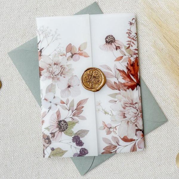 Fall Wedding Invites Vellum Jacket | Autumn Invitation Floral Vellum Jacket 5x7 | Sage Green Wedding Floral Vellum Wrap | Vellum Paper