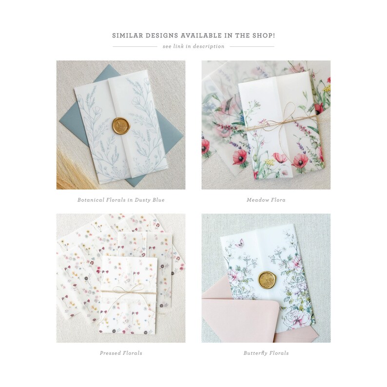 May include: Four different wedding invitation designs with floral patterns. The designs include botanical florals in dusty blue, meadow flora, pressed florals, and butterfly florals.