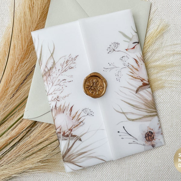 Modern Desert Wedding Invites Floral Vellum Jacket | Vellum Jacket 5x7 Invite |  Neutral Floral Vellum Invitation | Boho Wedding Vellum Wrap