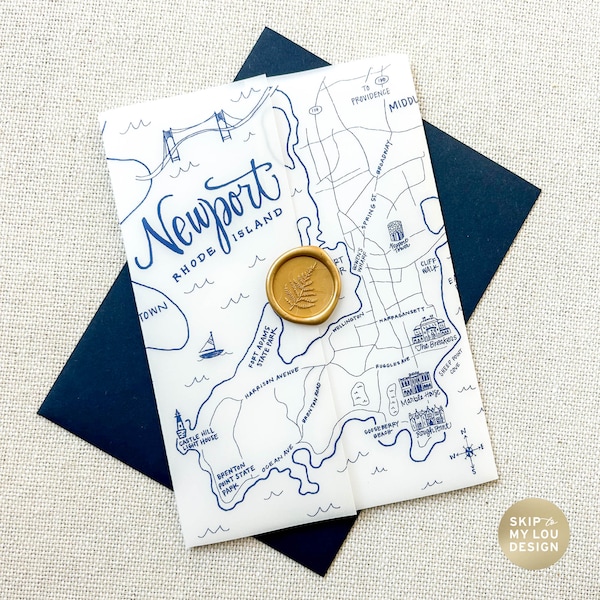 Newport Map Wedding Invitation Vellum Jacket, Vellum Jacket 5x7, Newport Invite Vellum Wrap, Newport RI Wedding Invitation Jacket Wedding