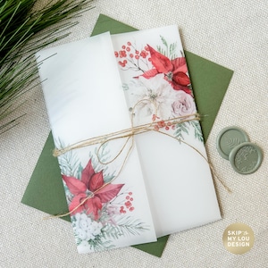 Christmas Florals Vellum Jacket for Wedding Invitation | 5x7&quot; Vellum Wrap for Invite | Holiday Party Translucent Jacket | Winter Wedding