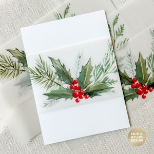 Christmas Vellum Belly Band | Holiday Card Wrap | Pine Winter Vellum Wrap | Christmas Wedding Invitation Belly Band Pine Springs Holly Band