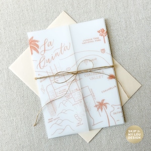 La Quinta-huwelijksuitnodiging perkamentjasje | Vellum jack 5 x 7 | La Quinta Map velijnfolie | La Quinta bruiloft uitnodiging kaart perkamentpapier wraps