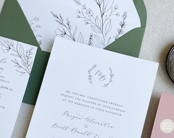 Botanical Florals Wedding Invitation | Floral Crest Invitation | 6 Piece Set | Minimalist Wedding Invitation | Monogram Wedding