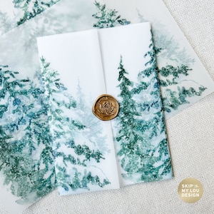 Snowy Pine Forest Vellum Jacket | Mountain Wedding Vellum Jacket 5x7 Invitation | Winter Wedding Vellum Wrap | Christmas Card Vellum Jacket
