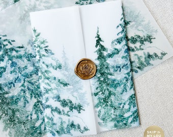 Kurtka z welinu Snowy Pine Forest | Kurtka z welinu Mountain Wedding 5x7 Invitation | Zimowa kurtka ślubna z welinu | Kurtka z welinu Christmas Card