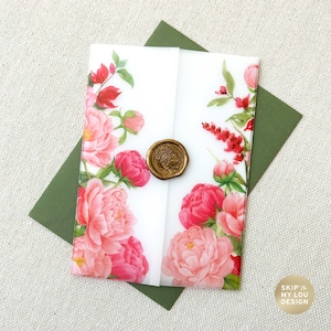 Bright Pink Floral Wedding Invitation Vellum Jacket | 5x7&quot; Vellum Wrap for Tropical Wedding Invite | Colorful Fuchsia  Invite Vellum Jacket