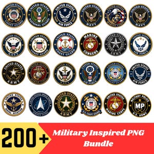 Puede incluir: Una colección de emblemas digitales circulares con varias insignias de las ramas militares de los Estados Unidos, incluyendo el Ejército, la Armada, la Fuerza Aérea, la Guardia Costera, el Cuerpo de Marines y la Fuerza Espacial, con una banda amarilla y roja.