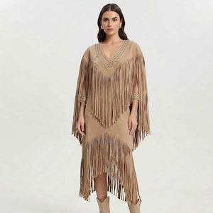 Beige Studded Fringe Cape Dress Western Boho Midi Outfit Luxury Suede Cowgirl Apparel Designer Statement Wear