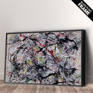 May include: A rectangular canvas wall art piece featuring an abstract drip painting with chaotic splatters of black, white, red, yellow, and teal paint. The artwork is encased in a thin black float frame with a corner label reading BLACK FLOAT FRAME.
