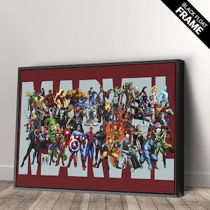 May include: A rectangular wall art piece in a black float frame featuring a large light blue Marvel logo background with numerous colorful comic book characters including Spider-Man, Iron Man, Captain America, and the X-Men.