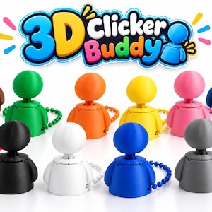 Peut inclure: Une collection de onze petits jouets à cliquer en plastique en forme de personnage, chacun doté d'une tête ronde sur ressort et d'une chaînette assortie. Le texte 3D Clicker Buddy est affiché dans une police stylisée multicolore au-dessus.