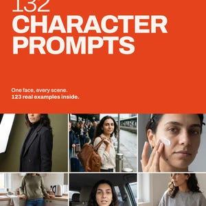 May include: A digital guide titled 132 CHARACTER PROMPTS by NANO BANANA AI INFLUENCER. The orange cover features white text and a grid of six photographs showing a person in various settings, including wearing a blazer, carrying a bag, applying cream, and in a kitchen and car.