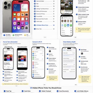 Puede incluir: Un libro de instrucciones iPhone Master Guide con tutoriales paso a paso y capturas de pantalla. Las páginas muestran guías para compartir fotos, tomar capturas de pantalla, conectarse a Wi-Fi, verificar la batería y 25 trucos ocultos de iPhone.