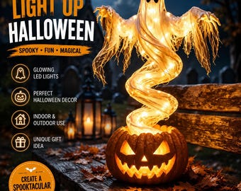 Jack‑o‑Lantern Rising Ghost LED Lamp, Halloween Spooky Home Ornament, Tabletop Halloween Party Decor, Fall Holiday Decoration,  Bat Keychain