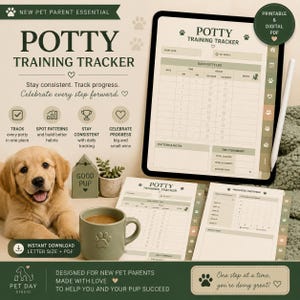 May include: A digital potty training tracker for pets displayed on a tablet and printed pages. The layout includes a daily log, progress overview, and summary sections with paw print icons, text, and a light green and beige colour scheme.