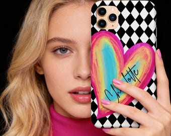 Personalized Initial Phone Case, Custom Name, iPhone 16, 15, 14, 17, 12, Magsafe, Pro Max, Plus,Mini, Black White Diamond, Paint Heart