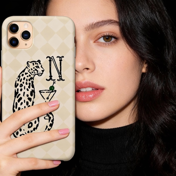 Personalisierte Handyhülle, Benutzerdefinierte Name, iPhone 16, 15, 14, 17, 12, Magsafe, Pro Max, SE 4, Plus, Mini, Leopard Cheetah Initial, Martini Glass