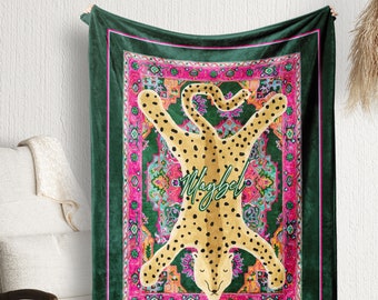 Personalized Blanket, Large Plush Custom Blanket, Cheetah Leopard Hide Oriental Persian Rug Design, Green, Emerald, Pink, Blue, Orange