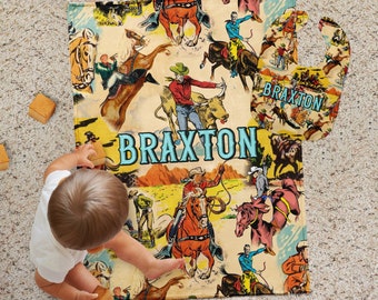 Personalized Blanket, Custom Name Blanket, Baby Boy Toddler Blanket, Vintage Cowboy, Western, Rodeo, Vintage Nursery, Bib