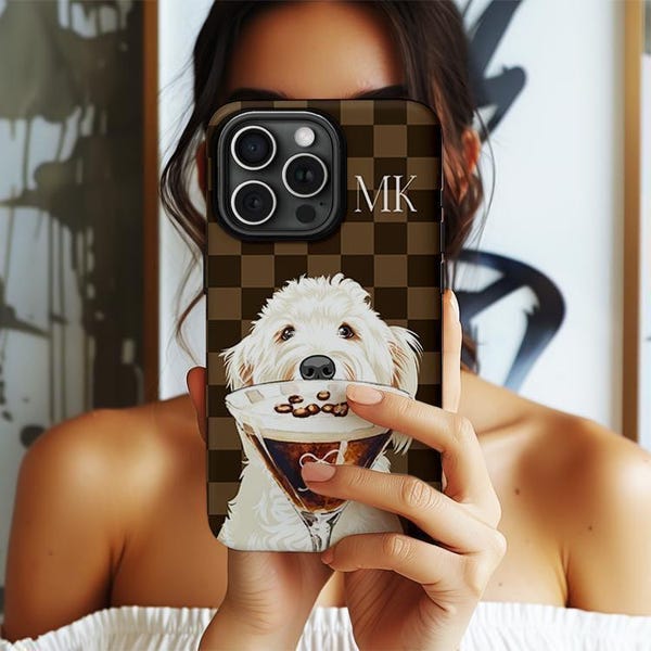 Funda personalizada para teléfono con diseño de perro, nombre personalizado, iPhone 16, 15, 14, 17, 12, 16e, MagSafe, Pro Max, Plus, Mini, Espresso Martini, Brown Checker Pet