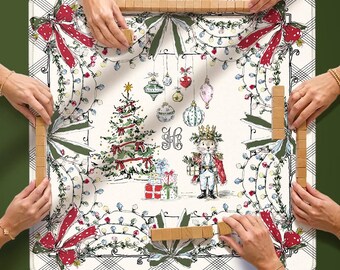 Custom Mahjong Mat, 31.5", Neoprene, Personalized, Monogrammed, Initial, Winter, Holiday, Christmas, Kitsch, Line Art, Hand Drawn, Bows,Tree