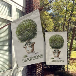 Personalized Flag, Monogram Garden Flags, Custom House Flag, Name or House Number, Vintage Antique Topiary, Black Bow, Preppy and Modern