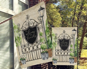 Welcome Garden Flag, House Flag, Porch Flags, Yard Flags, Antique Vintage Gate, Home Shield, Topiary, Preppy, Classy