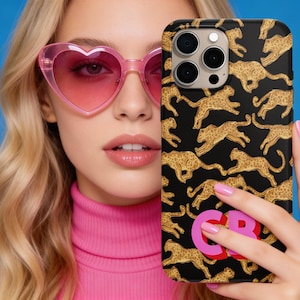 Personalized Shadow Initial Phone Case, Custom Name, iPhone 16, 15, 14, Magsafe, Pro Max, Plus,Mini, Watercolor Leopard, Colorful Cheetah