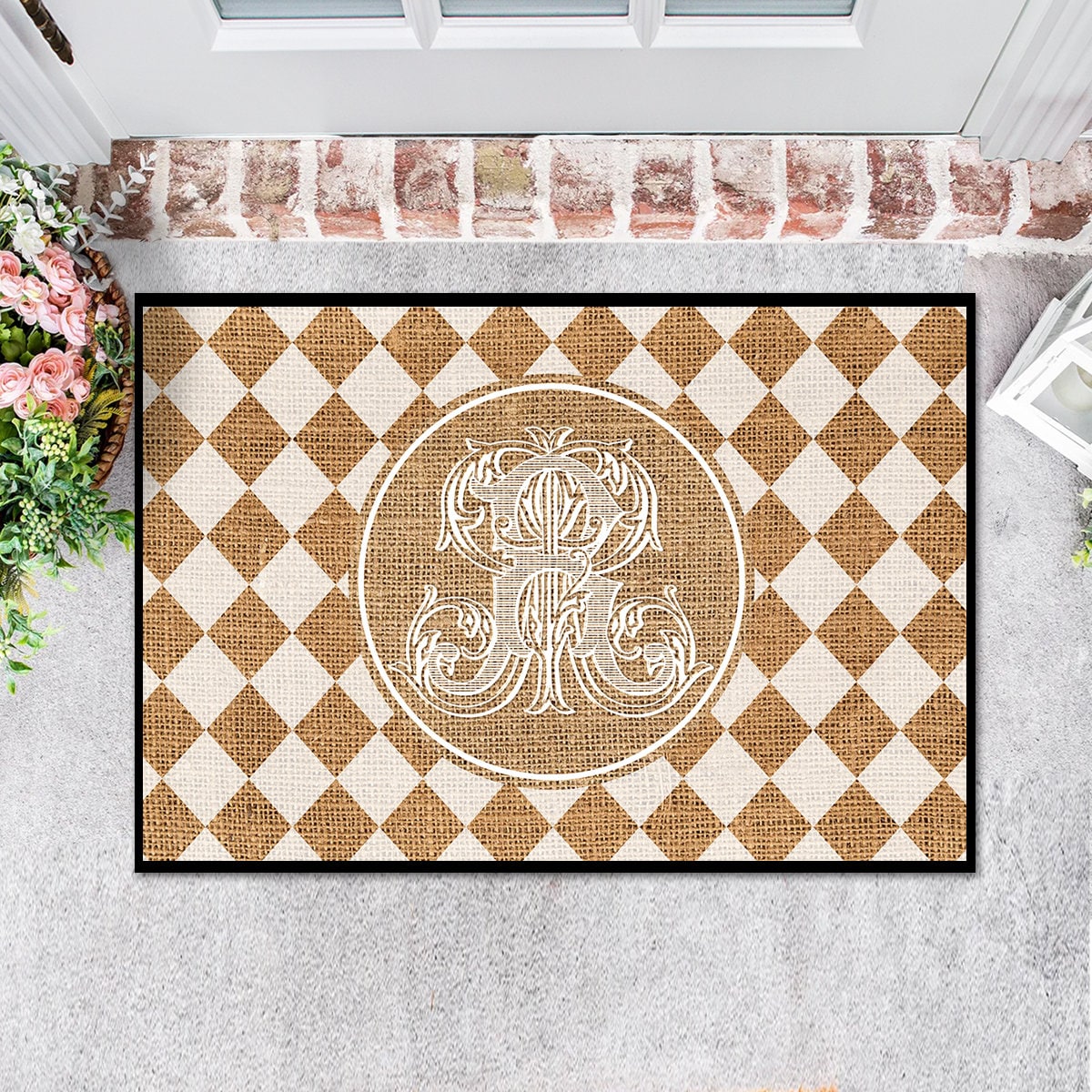 Door Mat, Personalized Mat, Outdoor Indoor Mat, Floor Entry Mat, Large Doormat, Printed Burlap, Monogram Initial, Diamond, Checker, Preppy - Etsy
