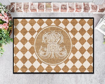 Door Mat, Personalized Mat, Outdoor Indoor Mat, Floor Entry Mat, Large Doormat, Printed Burlap, Monogram Initial, Diamond, Checker, Preppy