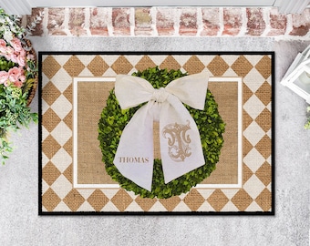 Door Mat, Personalized Mat, Outdoor or Indoor Mat, Floor & Entry Mat, Large Doormat, Preppy, Faux Burlap Diamond Harelquin, Wreath Sash