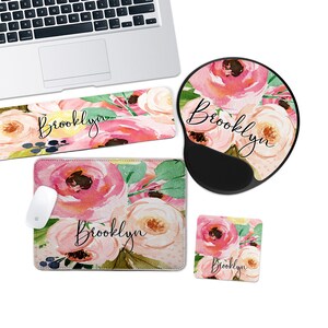 Almohadillas de ratón personalizadas, reposamuñecas para teclado, alfombrilla de ratón de gel personalizada con reposamuñecas, alfombrilla de ratón con monograma, flor de acuarela grande