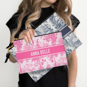 Custom Accessory Zip Bag, Pouch, Clutch, Makeup Bag, Travel Pouch, Tech, Large, Monogram, Personalized, Letter, Initial, pink, blue Toile