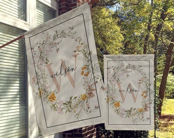 Personalized Garden Flag, Custom Garden House Flag, Boho Floral Garden Flag, Minimalist Modern Decor, Dainty Flower Wreath, Wildflowers
