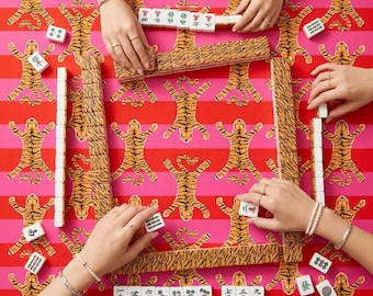 Custom Mahjong Mat, Neoprene, Personalized, Monogram, Letter, Initial, Preppy, Chinoiserie, Tibetan Tigers, Hide Rug Design
