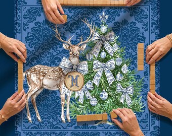 Custom Mahjong Mat, 31.5", Neoprene, Personalized, Monogrammed, Letter, Initial, Winter, Holiday, Christmas, Wreath, Gift, Damask, Reindeer