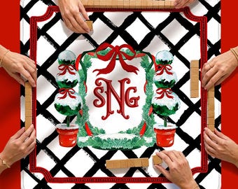 Custom Mahjong Mat, 31.5", Neoprene, Personalized, Monogrammed, Letter, Initial, Winter, Holiday, Christmas, Wreath, Gift, Topiary, Preppy