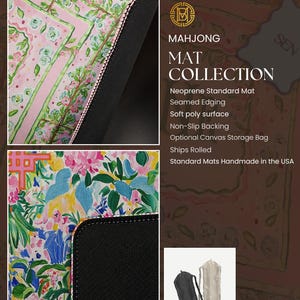 May include: A Mahjong mat collection featuring a neoprene standard mat with seamed edging, a soft poly surface, and a non-slip backing. The mat displays a floral pattern in pink, green, and blue. Includes an optional canvas storage bag.