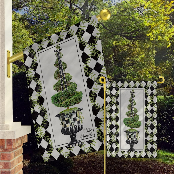 Personalized Flag, Name Garden Flags, Custom House Flag, Monogram Garden Flags, Rustic Antique Vintage Harlequin Diamond Topiary Vines Bows