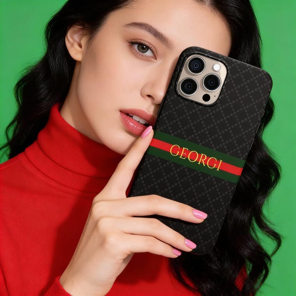 Funda personalizada para teléfono con inicial, nombre personalizado, iPhone 16e, 15, 14, 17, MagSafe, Pro Max, Plus, Mini, rayas, diseño exclusivo, negro, verde, rojo, elegante.