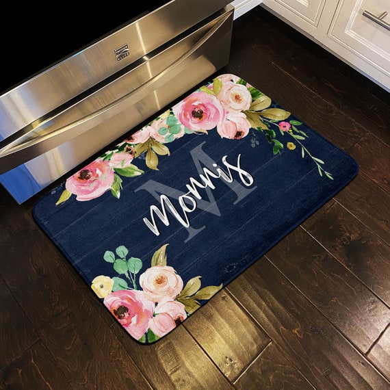 Floor Mat, Personalized Mat, Kitchen Rug, Personalized Floor Mat, Cushion  Mat, Custom Floor Mat, Memory Foam Cushion, Blue Floral Wood 