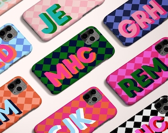 Personalized Shadow Initial Phone Case, Custom Name, iPhone 16, 15, Magsafe, iPhone 16, Pro Max, Iphone 12, Bold Colorful Diamond Pattern