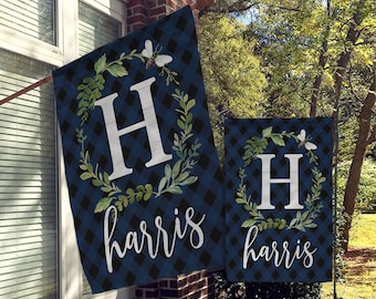 Personalized Garden Flag, Custom Garden House Flag, Monogram Flag, Farmhouse Garden Flag, Navy Blue Buffalo Check Plaid Wreath Bee Design