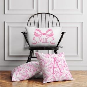 Personalized Pillow Cover, Monogram Initial, Custom Pillow Case, Preppy Grand millenial, Fancy Rose Pattern, Pink, Love Ribbons, Coquette