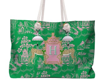 Custom Mahjong Tote Bag, Large Travel Bag, Monogram, Rope, Personalized, Letter, Initial, Dice, Toile, Chinoiserie, Leopards, Mahjong Gift