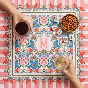 Custom Mahjong Tablecloth, Card Game Table Cover, Monogram, Personalized, Initial, Preppy, Flowers, Cottage, Blue, Red, Orange, Peach, Pink