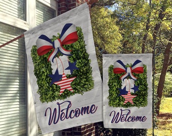 Welcome Garden Flag, House Flag, Garden Flags, Porch Flags, Yard Flags, Rustic Farmhouse Patriotic Armed Forces, USA Floral Outdoor Decor