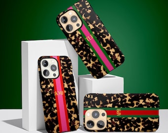 Funda personalizada con inicial y nombre para iPhone 17e, 16, 15, 14, Magsafe, Pro Max, Plus, Mini, rayas preppy, carey, dorado y rosa.